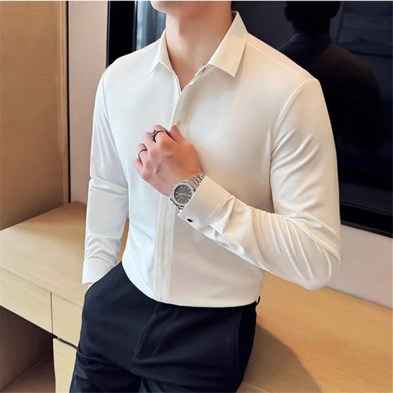 Men's Zipper Long Sleeve Smart Casual Slim Fit Turn Down Collar Shirt