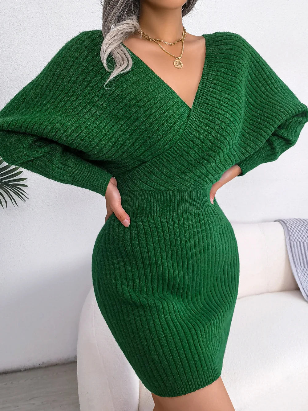 Women's Autumn Winter Cross V Neck Batwing Sleeve Casual Wrap Hip Woollen Dress