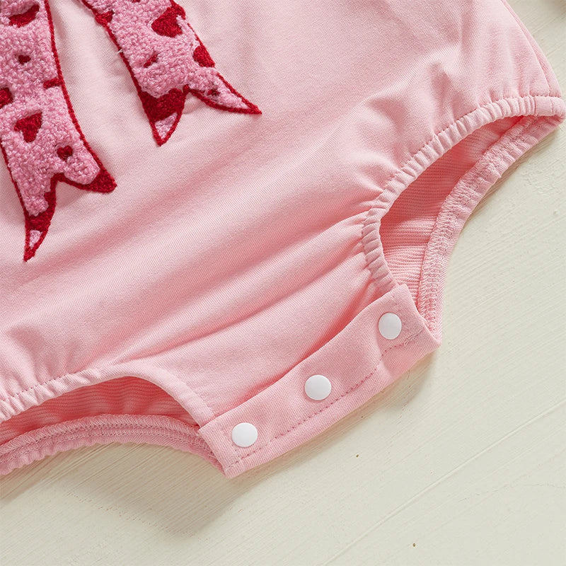 Children's 0-18M Baby Girls Bubble Romper Heart Bow Embroidery Long Sleeve Sweatshirt Jumpsuit