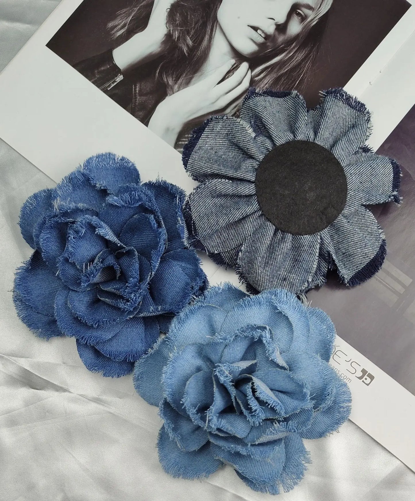 Handmade Denim Rose Flower Brooch - 15cm Fashion Corsage Lapel Pin