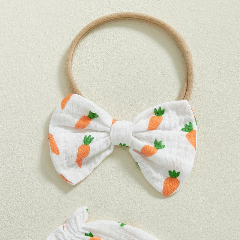 Baby Girls Easter Romper Set - Carrot Print Long Sleeve Jumpsuit with Bow Headband