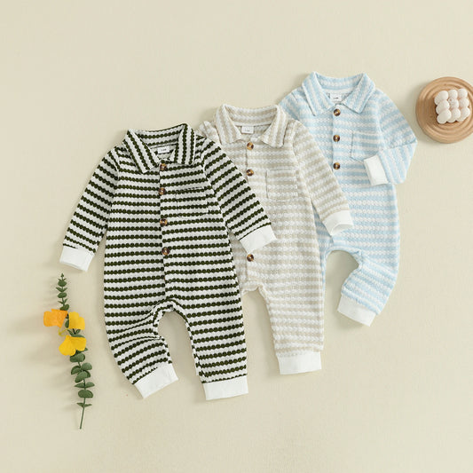 Newborn Baby Fall Winter Jumpsuit Set - Striped Turn-Down Collar Romper & Pants (0-18M)