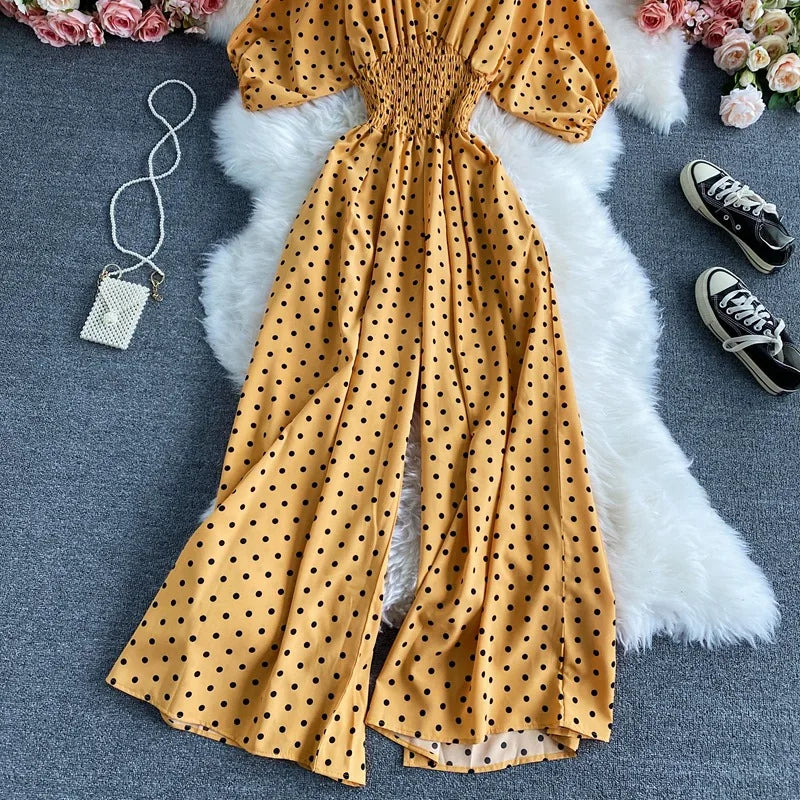 Women's V-Neck Floral Print Jumpsuit - Dolman Sleeves Wide Leg Trousers