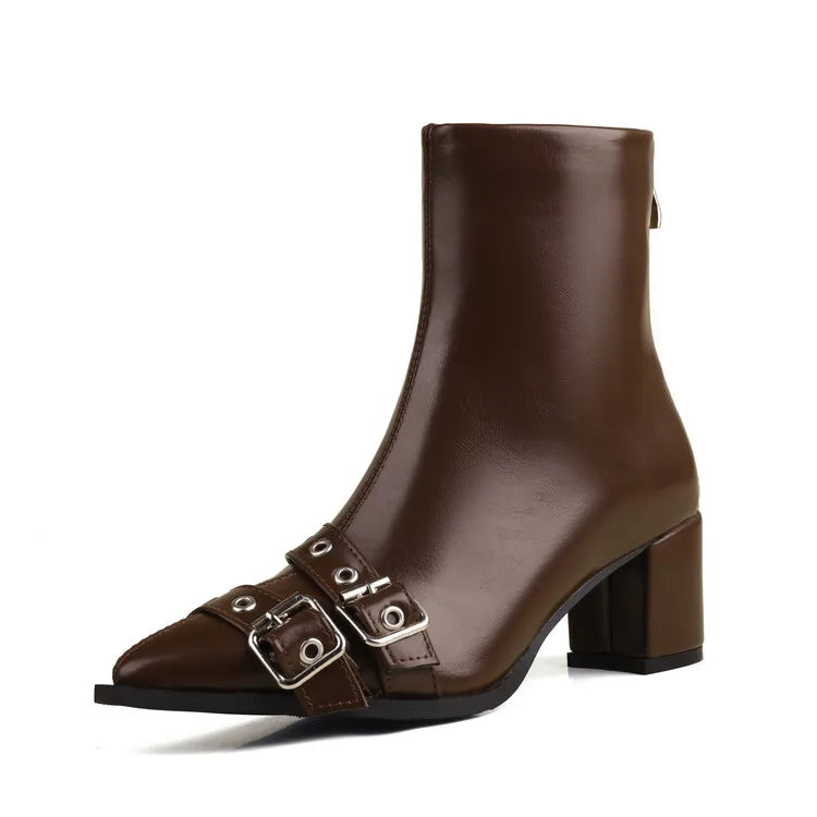 Women's Leather Metal Belt Buckle Short 6cm Square Heel Rivet Boot Back Zipper Boots