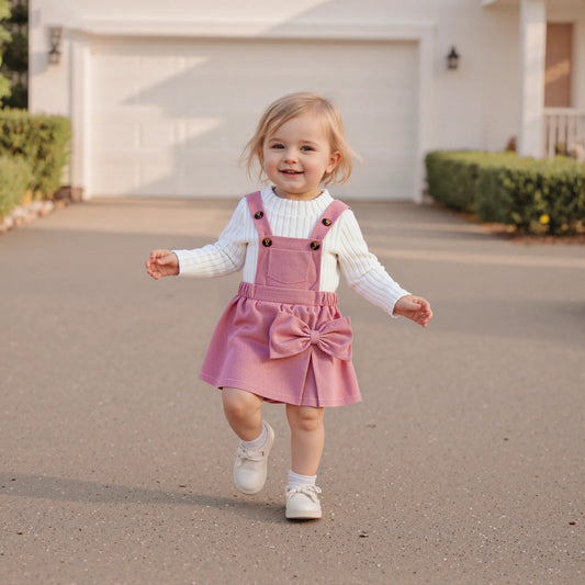 Baby Girls Ribbed Outfit Set - Long Sleeve Crew Neck Top & Bow Overall Skort (0-5Y)