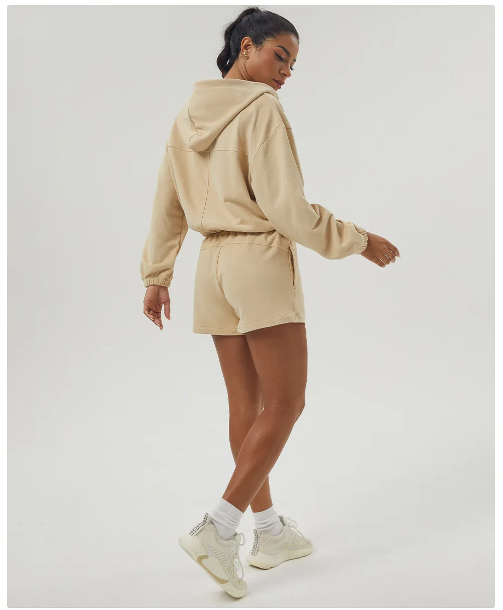 Women's Gym Running Suit Breathable Two Pieces Fitness Yoga Set Long Sleeve Hoodie Shorts Workout Sportswear