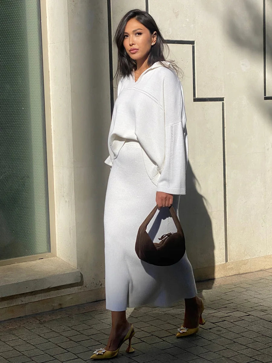 Women's Loose Sweater V-Neck Knit Pullover Top and Long High Waist Skirt 2 Piece Set