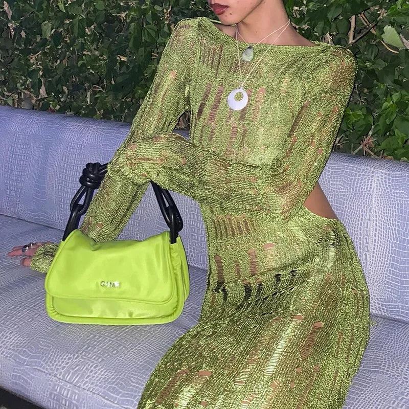 Women's Hollow Out Knitted Open Back Maxi  Elegant Long Sleeve Sheer Dress