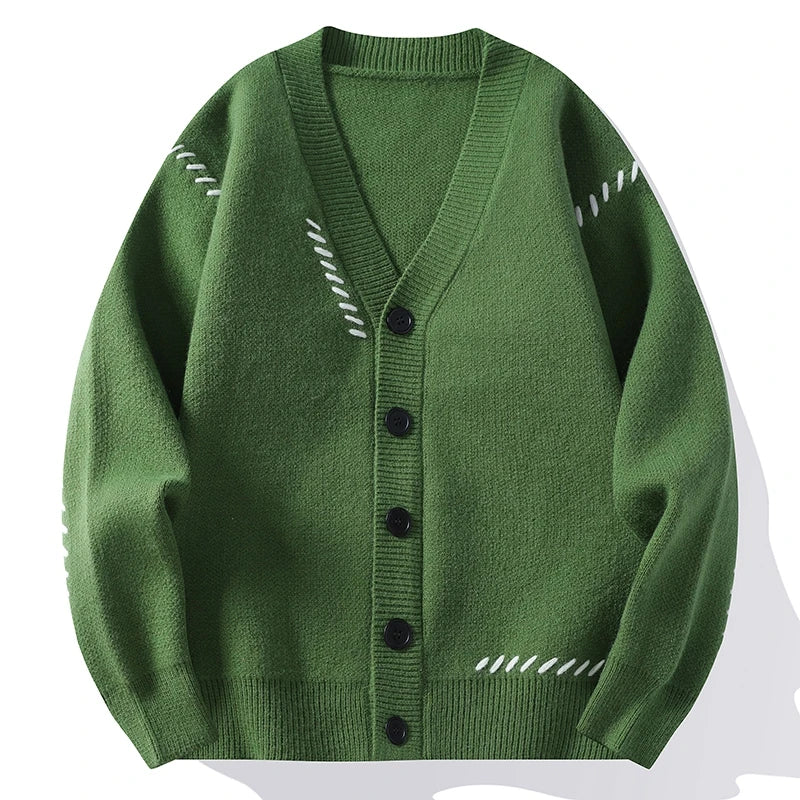 Men's Autumn Winter V-Neck Knit Cardigan Patchwork Loose Knitted Sweater