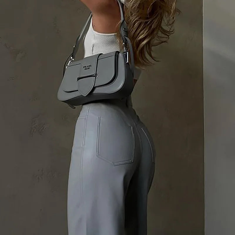 Women's PU Leather High Rise Button Up Straight Leg Trousers