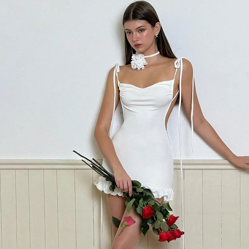 Women's Sleeveless Ruffle Mini Open Back Tie Detail Ruched Bodycon Dress