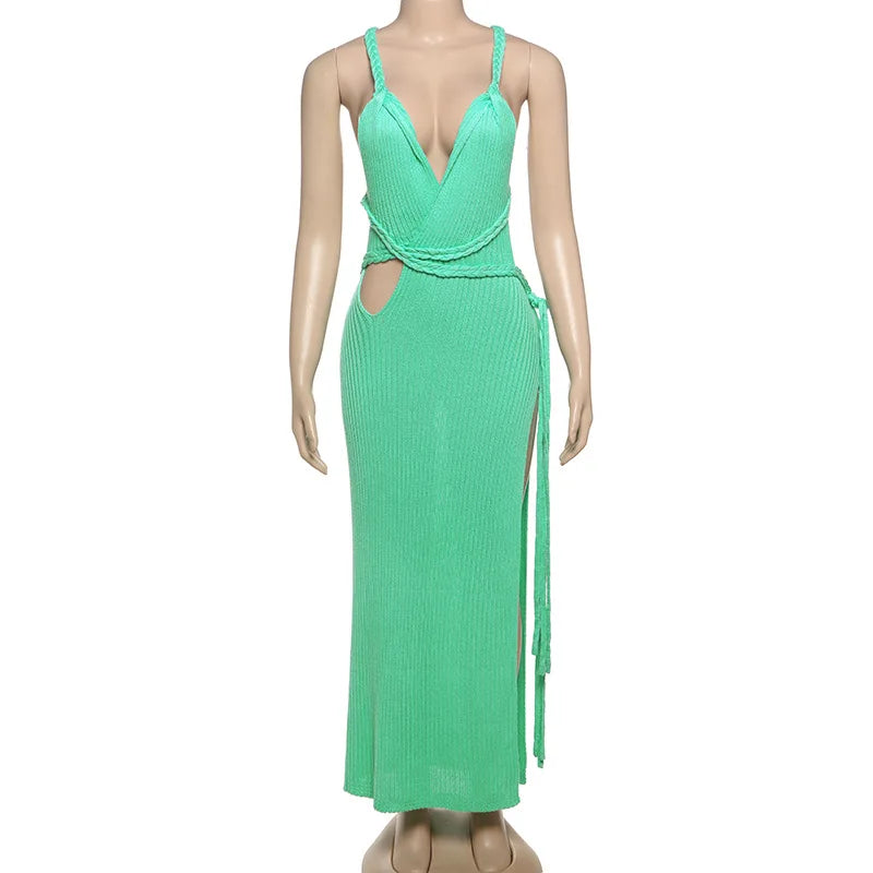 Women's Green Knitted Cut-Out Maxi Dress - Backless Summer Beach Dress