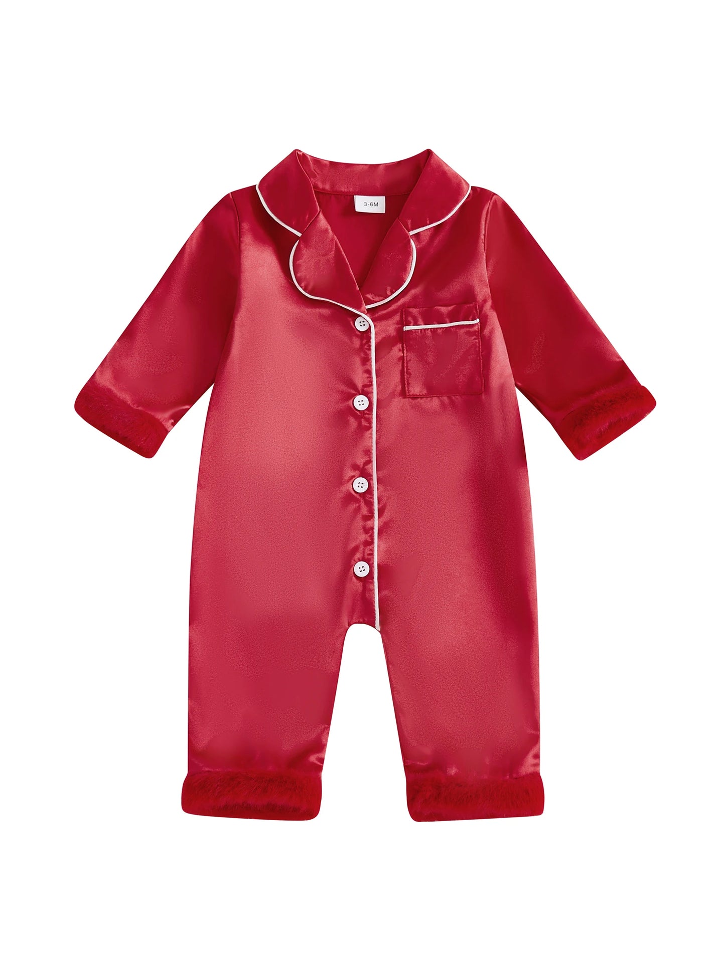 Baby Christmas Pajama Romper - Button Down with Feather Trim Cuffs