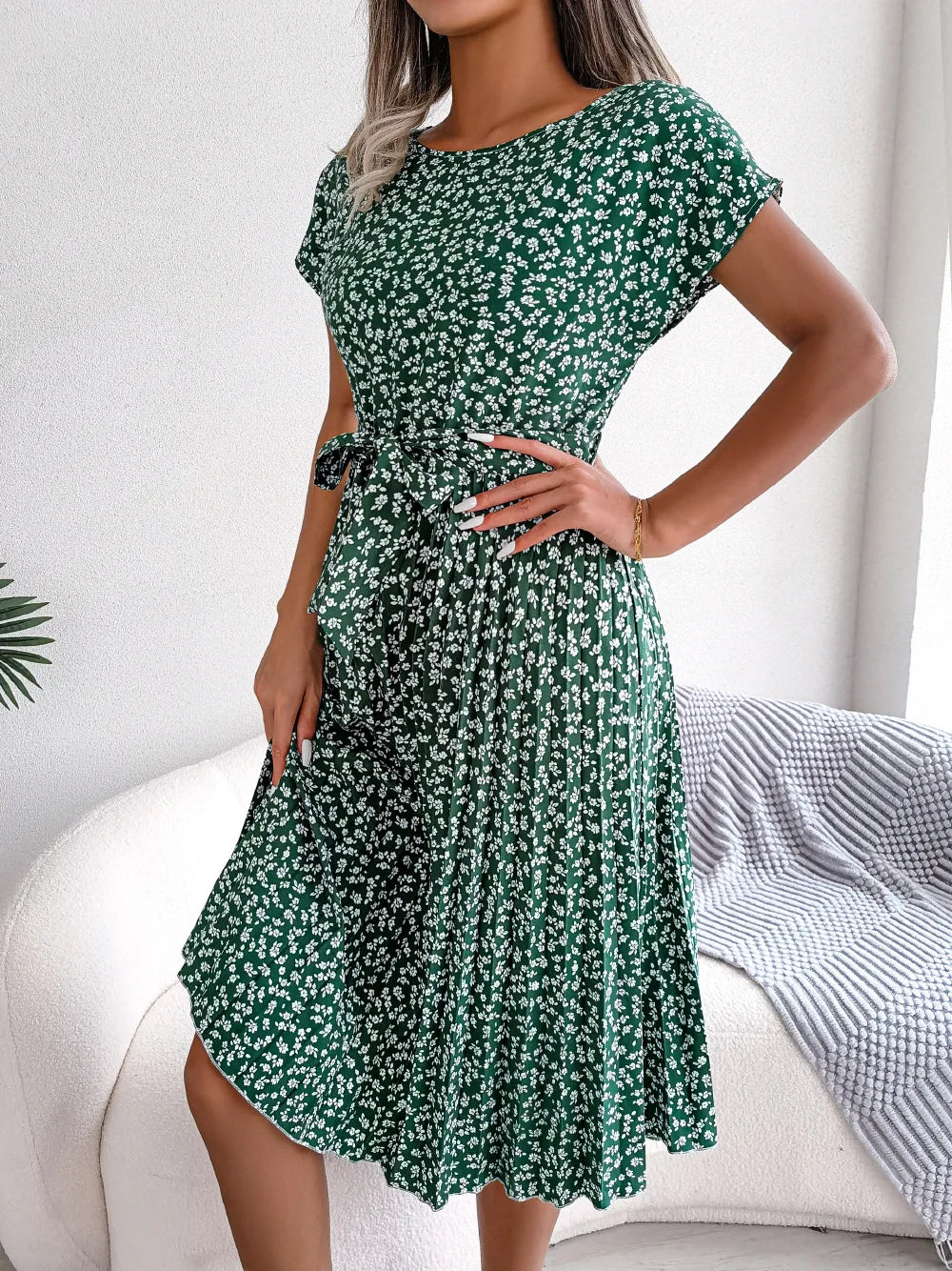 Women's Floral Pleated A Line Long Spring Summer Short Sleeve High Waist Chic Dress