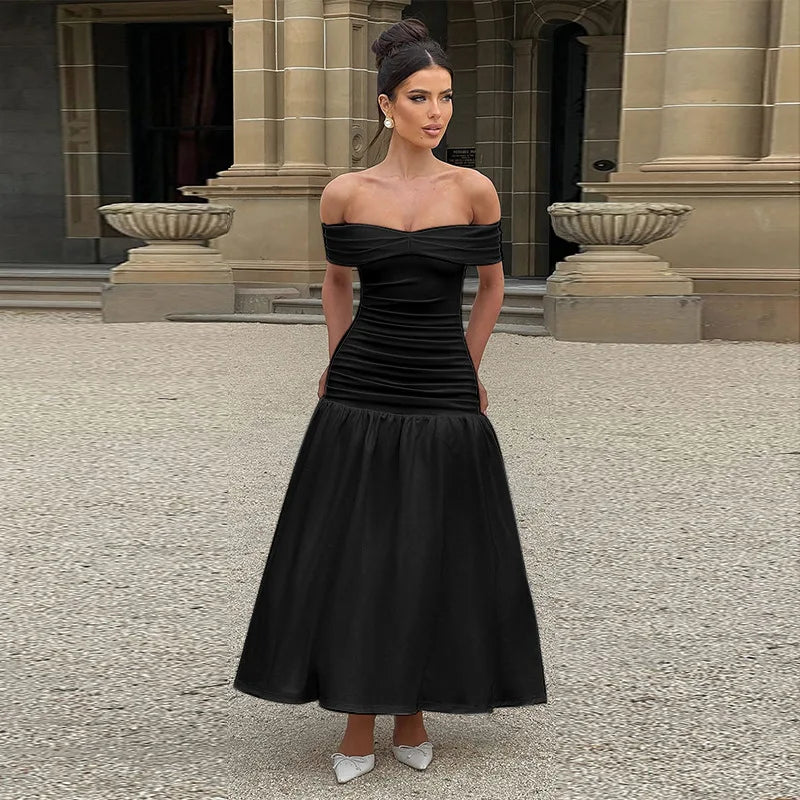 Women's Ruched One-Shoulder Party Long Sleeveless High Waist A-Line Dress