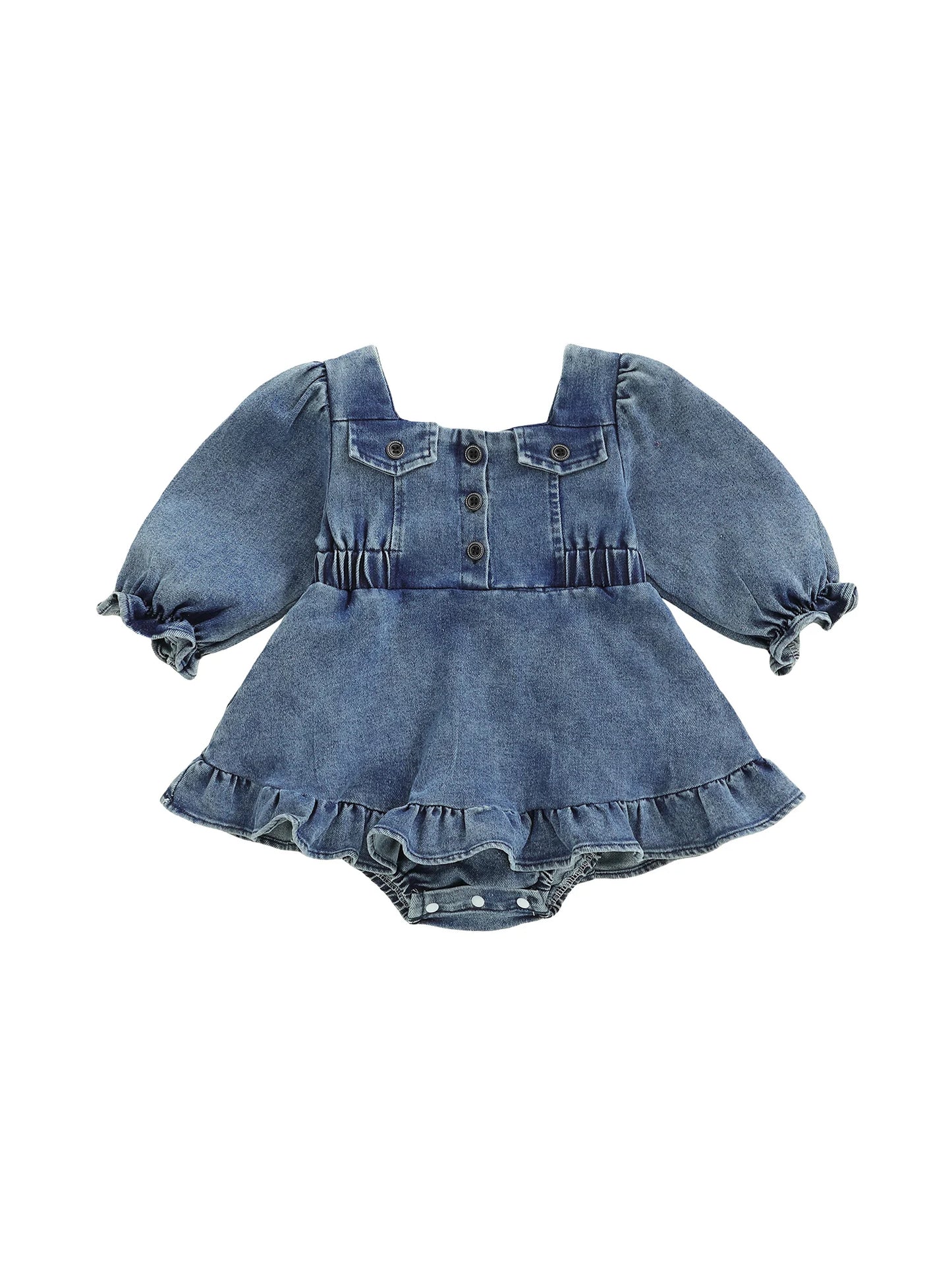 Baby Girls Denim Romper Dress - Square Neck Lantern Long Sleeve Bodysuit (0-24M)