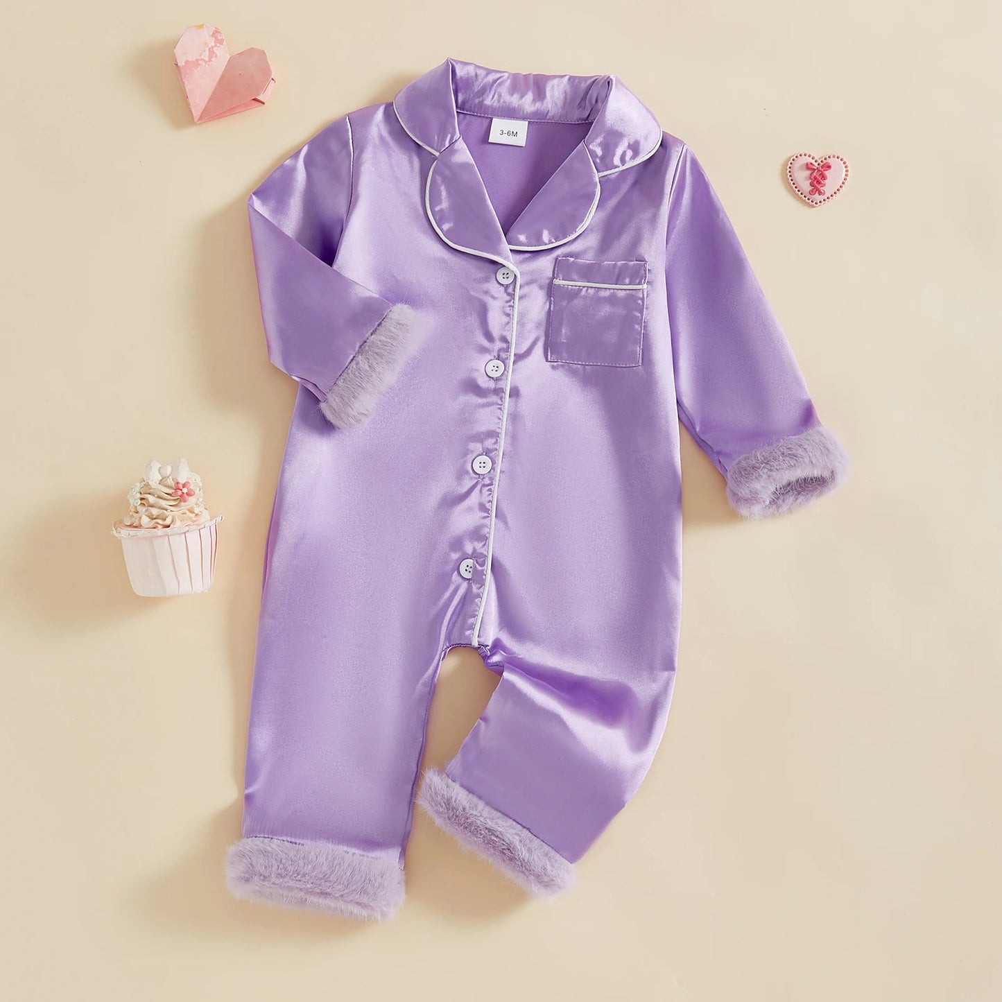 Baby Satin Pajama Romper - Fur Trim Button Down with Lapel