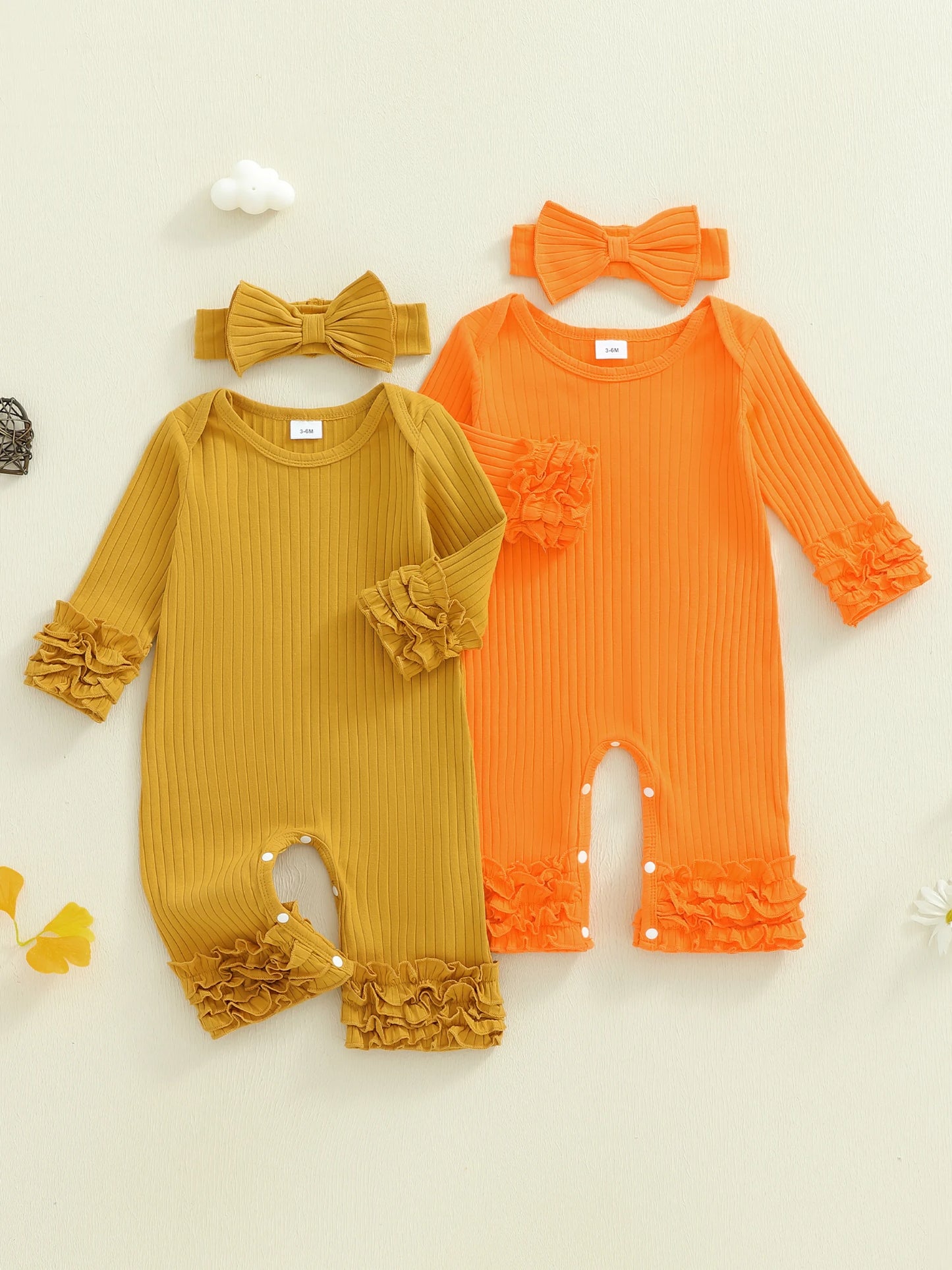 Baby Girls Solid Colour Romper with Bow Headband (0-18M)