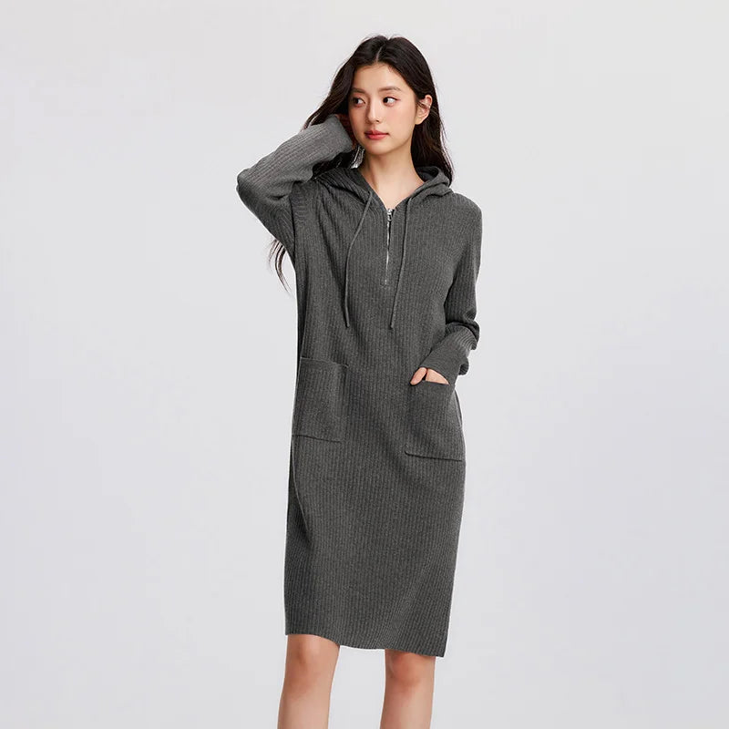 Women's Knit Hoodie Dress - Slim Fit Textured Mid-Length Winter Casual Style