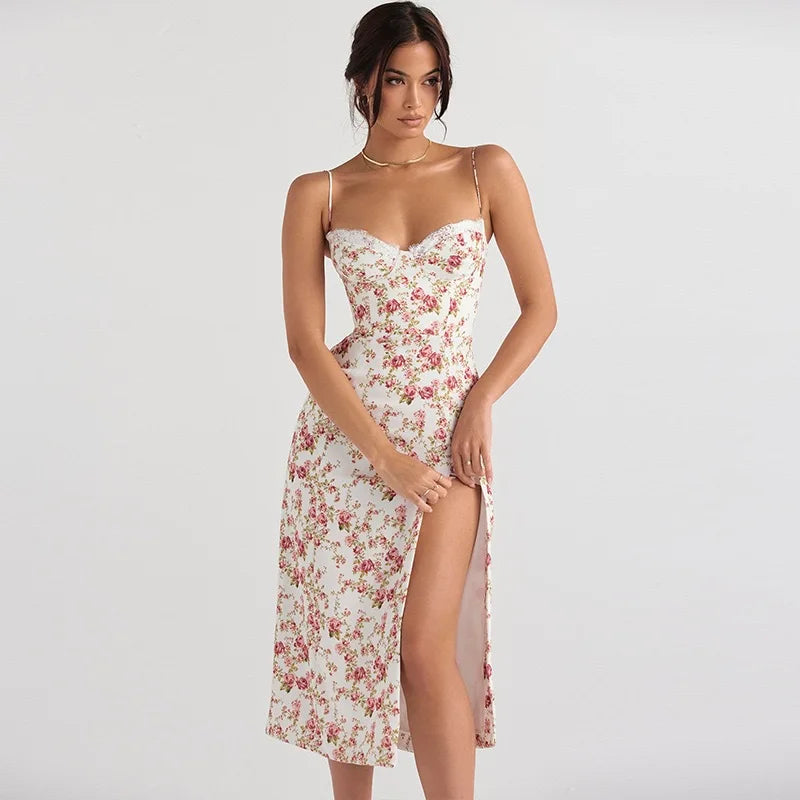 Women Lace Dress- Midi Backless Slit Summer Elegant Floral Dress