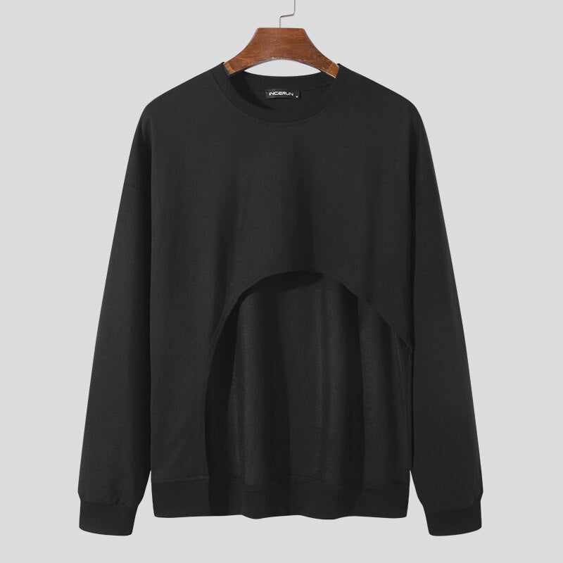 Men's Round Neck Long Sleeve Irregular T-Shirt S-5XL