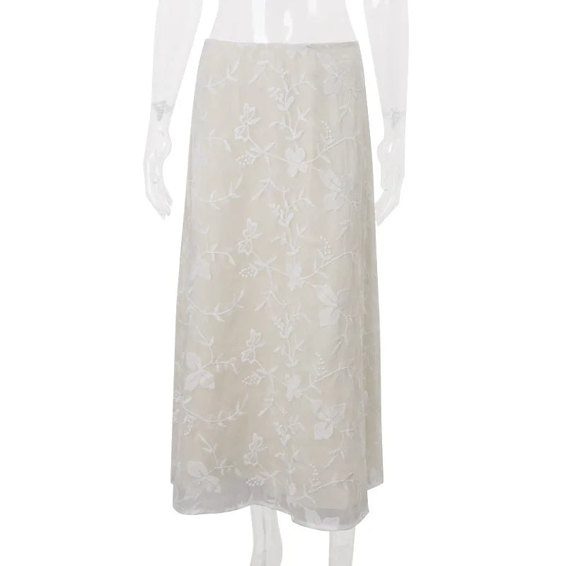 White Jacquard Maxi Skirt - Elegant Low Rise Y2K Summer Skirt