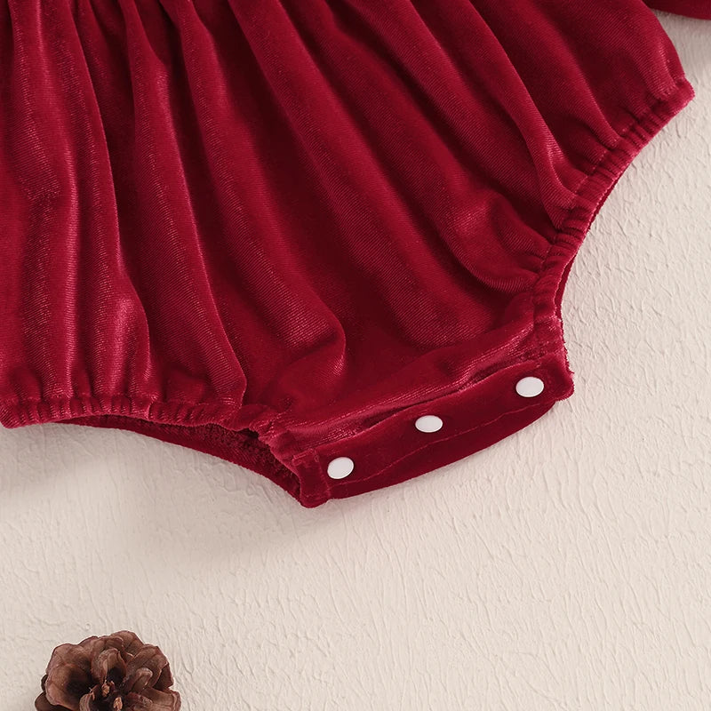 Baby Girl's Christmas Velvet Romper Set with Headband - Round Neck Long Sleeve