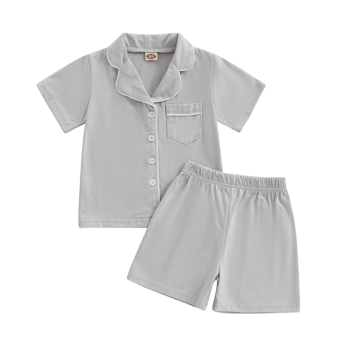 0-8Y Summer Toddler Kids Boys Girls Pyjamas Clothes Set Solid Contrast Trim Lapel Short Sleeve Button Down Tops Shorts