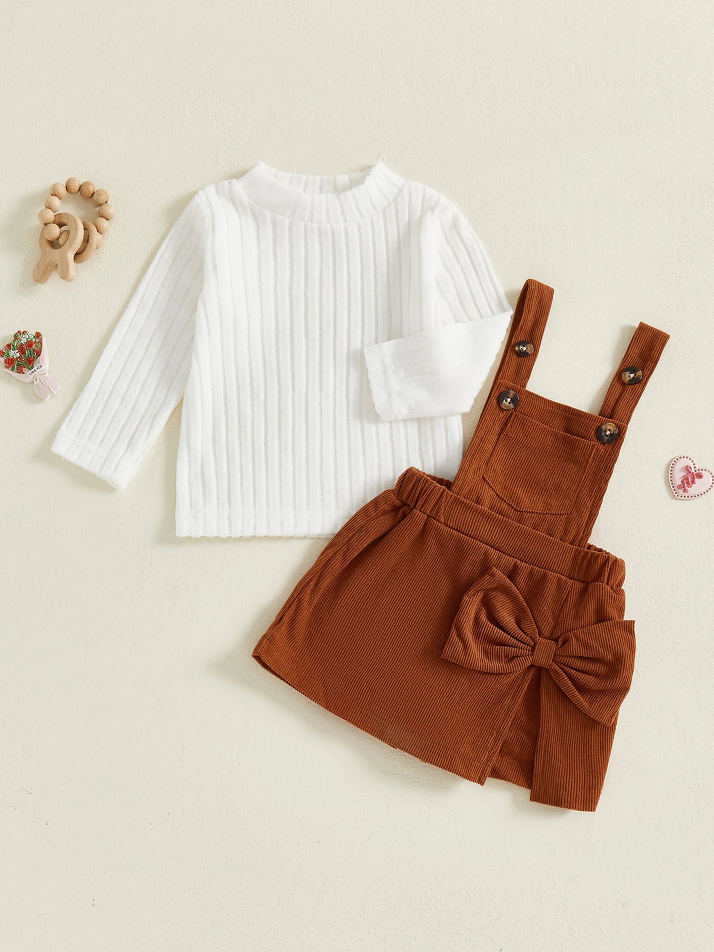 Baby Girls Ribbed Outfit Set - Long Sleeve Crew Neck Top & Bow Overall Skort (0-5Y)
