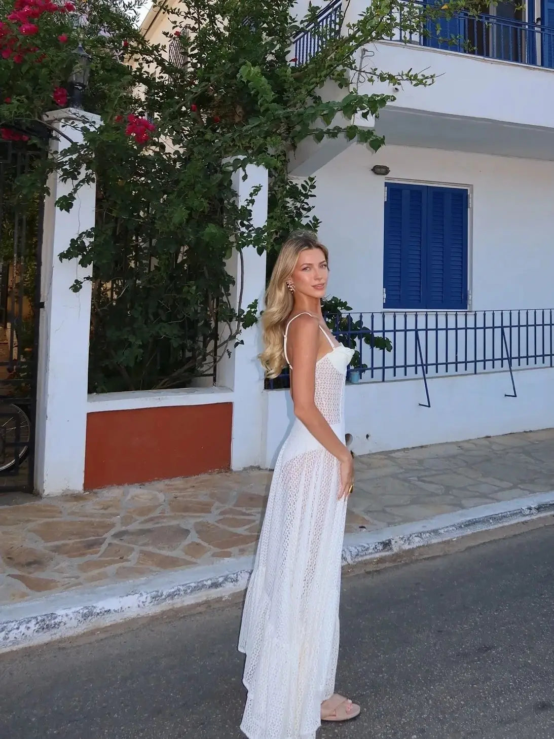 White Crochet Knit Midi Dress - Sleeveless Patchwork Draped Summer Cover Up