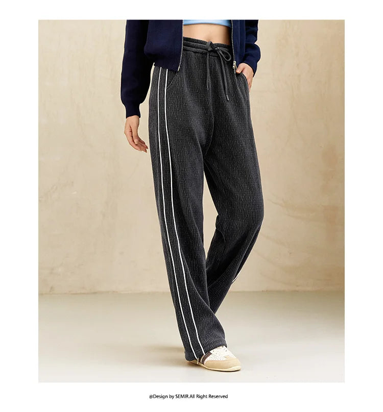 Chenille Wide Leg Trousers - Women's Colorblock Slimming Street Style Pants