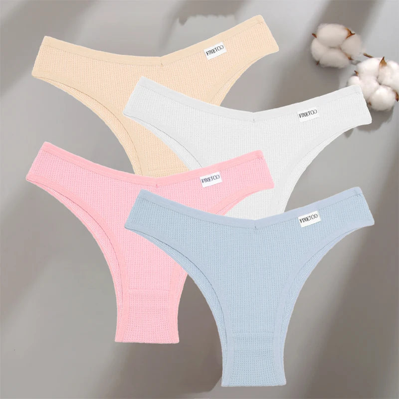Women's 4Pcs Cotton Breathable Underwear Panties Low-Waist Waffle G-string Stretch Briefs Soft Lingerie