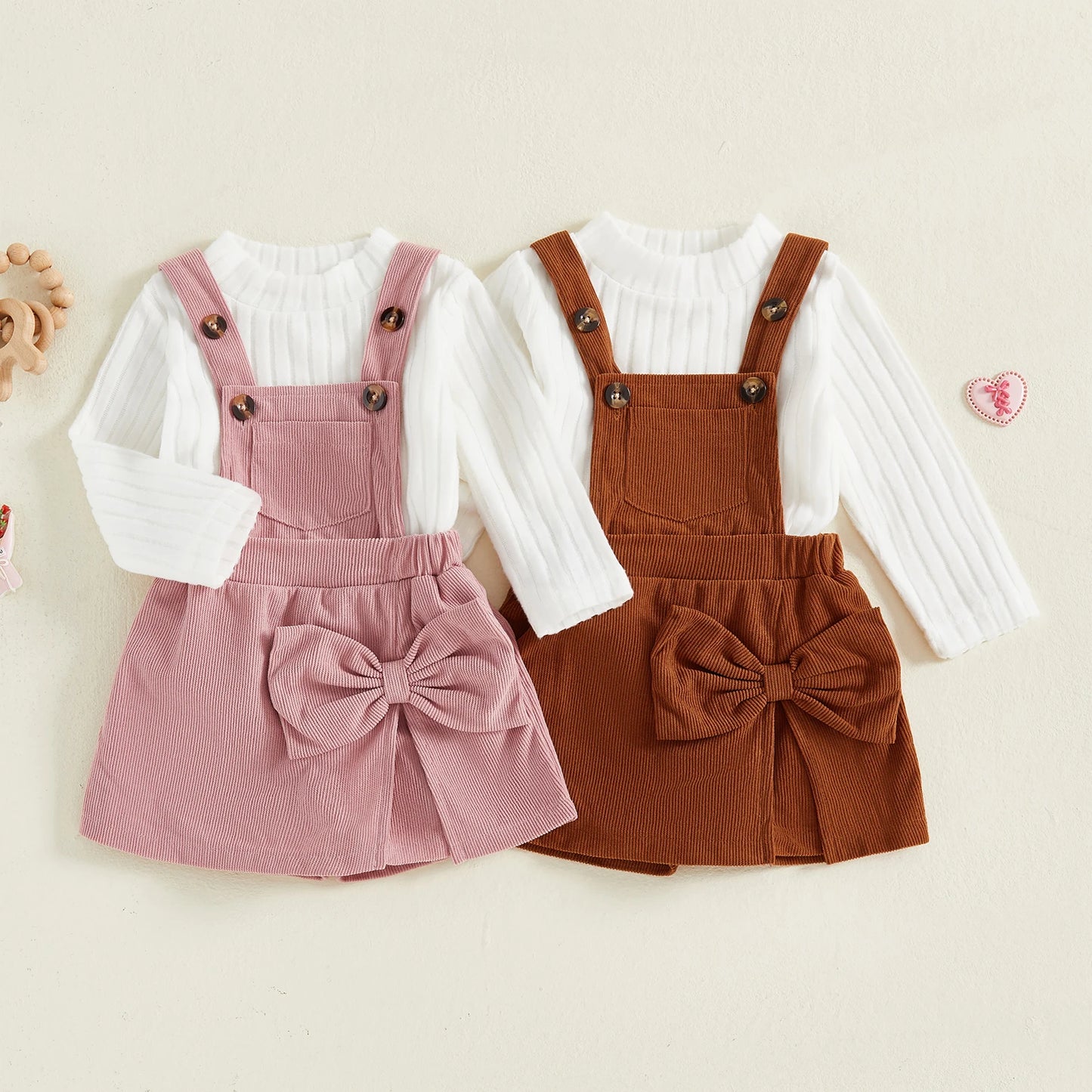 Baby Girls Ribbed Outfit Set - Long Sleeve Crew Neck Top & Bow Overall Skort (0-5Y)