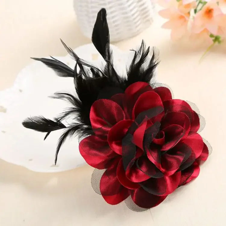 Feather Corsage Brooch - Handmade Fabric Flower Wedding Lapel Pin