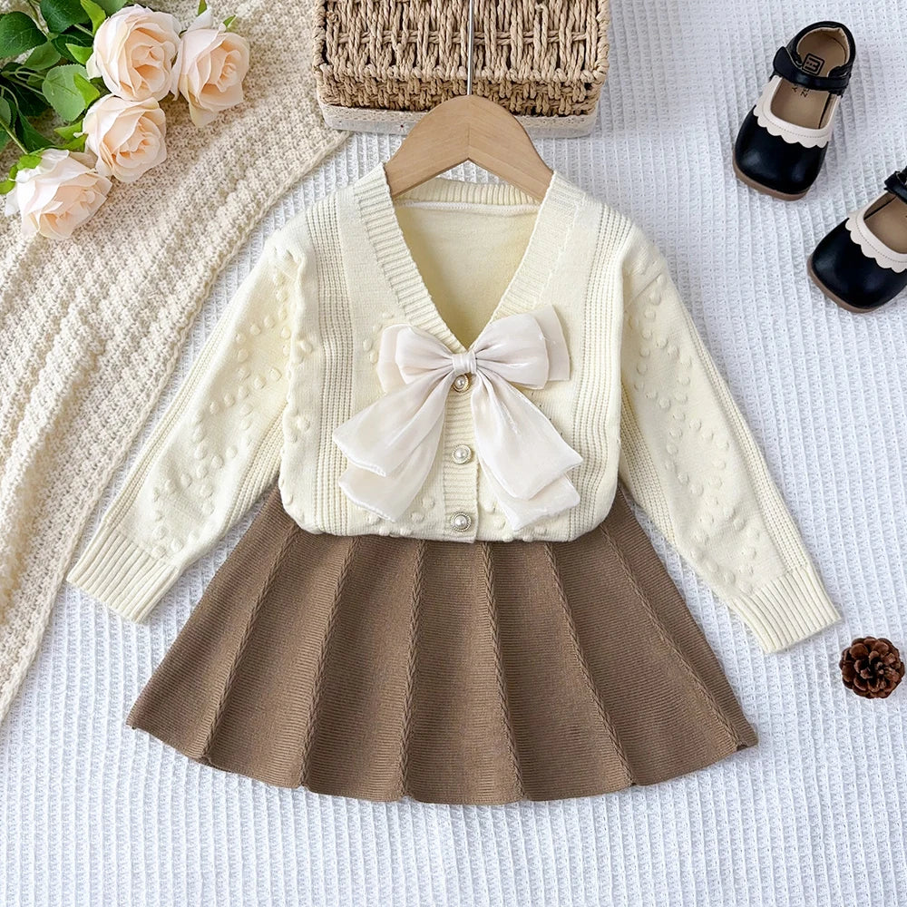 Girl's Winter Set V-neck Bow Sweater Top and pleated A-line Skirt 2-piece Set