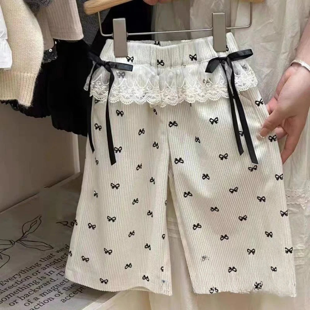 Girl's Summer Bow Print Lace Wide Leg Pants Set 3-6 Years