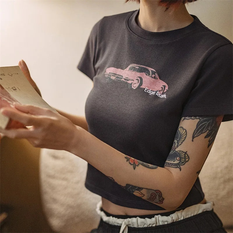 Women's Vintage Racing Print Crop Top - Y2K Style Short Sleeve Tee