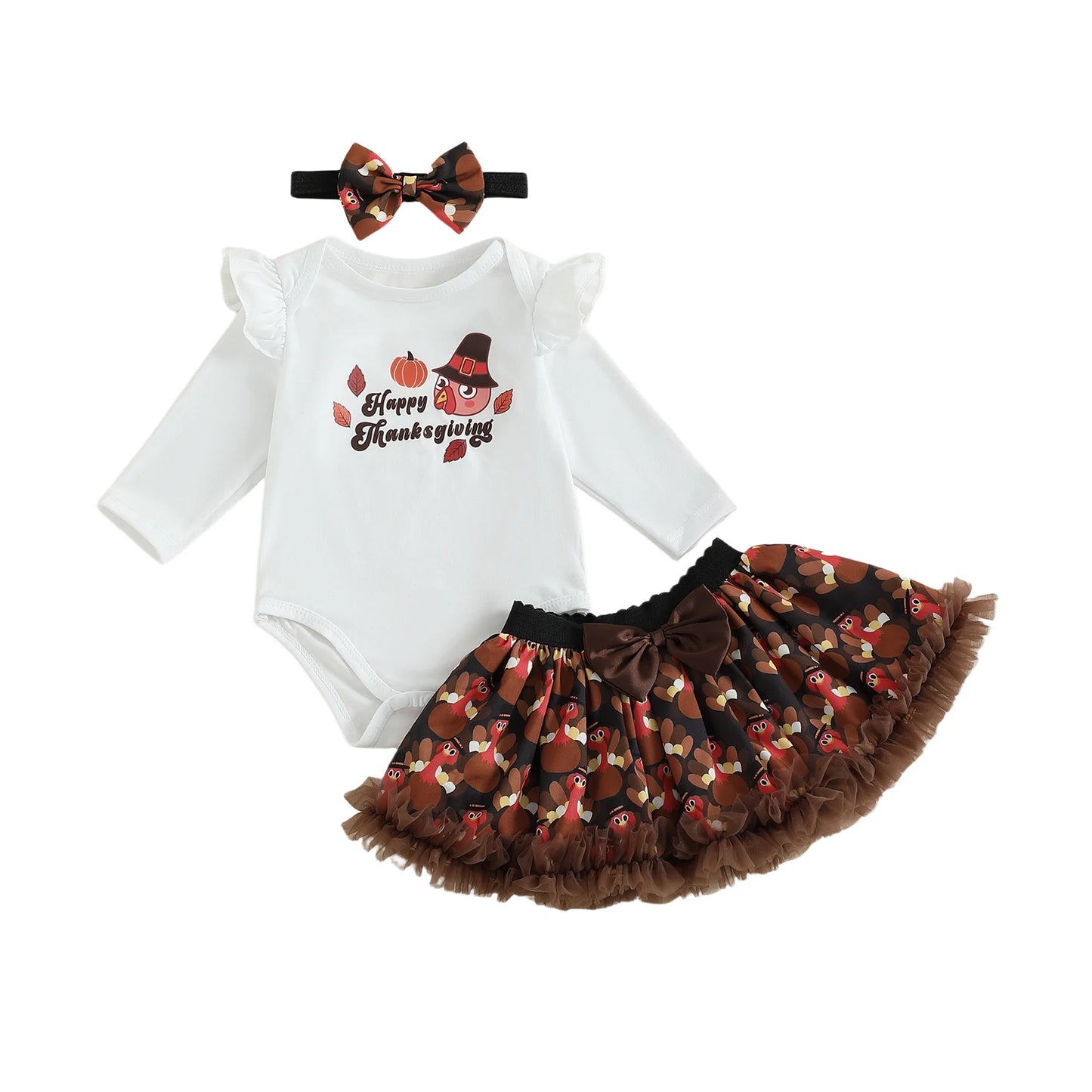 Baby Girls Thanksgiving Outfit Set - 3-Piece Long Sleeve Romper, Mini Skirt & Headband