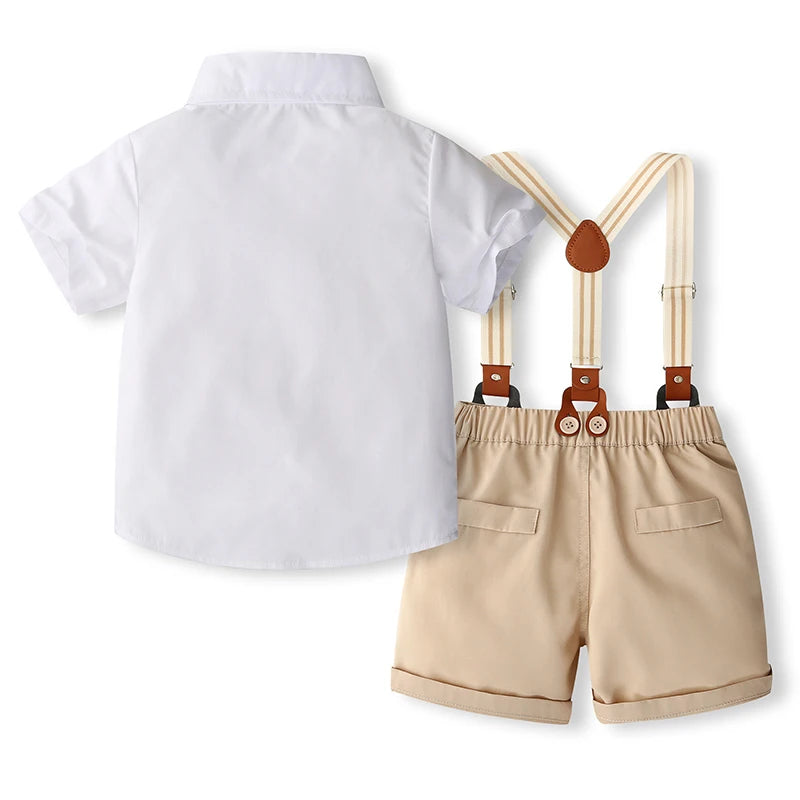 1-5Y Toddler Kids Boys Clothes Set 2pcs Solid Color Short Sleeve Button Shirt with Suspend Shorts Gentleman Outfit