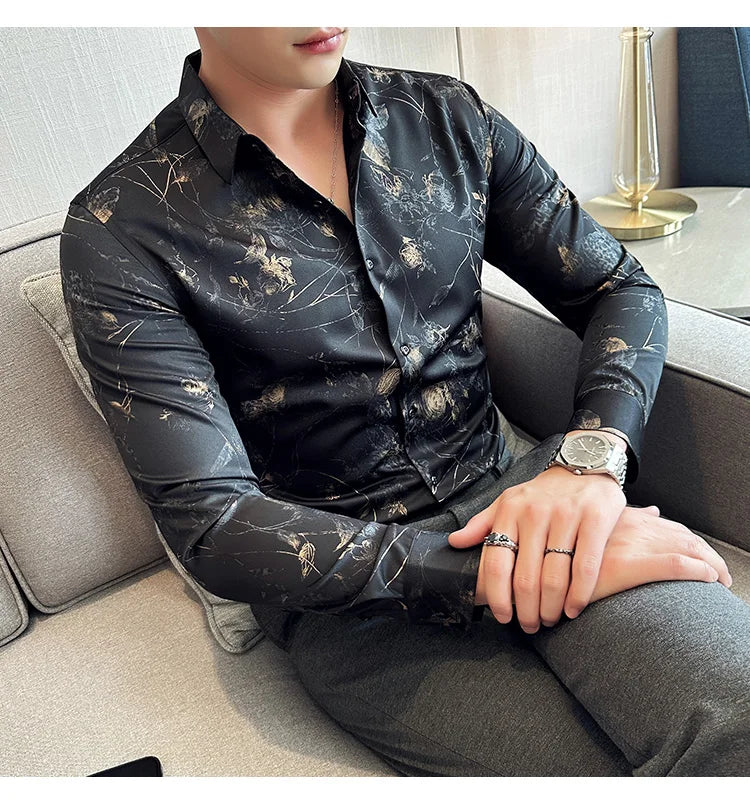 Men's Print Shirt - Slim Fit Long Sleeve Turn Down Collar Shirt