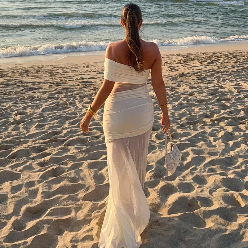 Women's Off Shoulder Ruched Mesh Maxi Dress - Backless Summer Club Dress