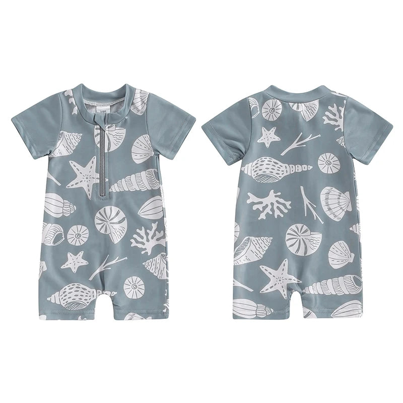 0-3Y Infant Baby Boys Summer Swimwear Cute Sea Element Prints Zipper Short Sleeve Swimsuit Beachwear