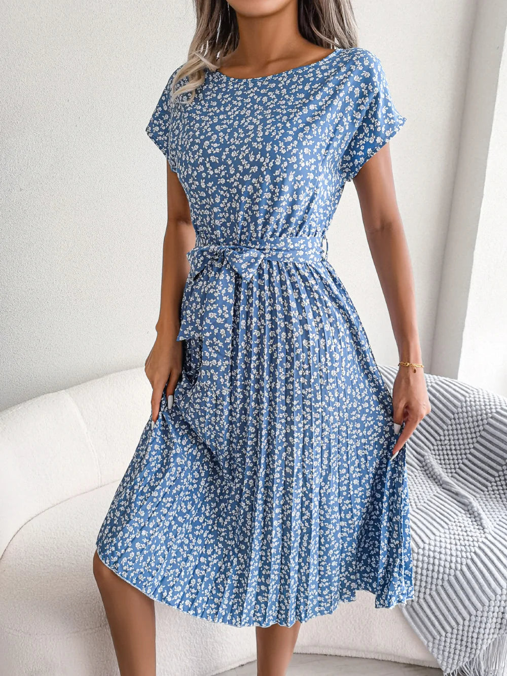 Women's Floral Pleated A Line Long Spring Summer Short Sleeve High Waist Chic Dress