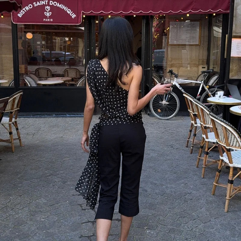 Women's Chiffon Polka Dot Summer Outfit Cropped Asymmetrical Basic Top