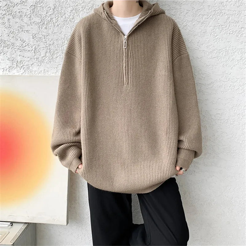 Men's Loose Hooded Knit Pullovers Casual Knitted Sweater