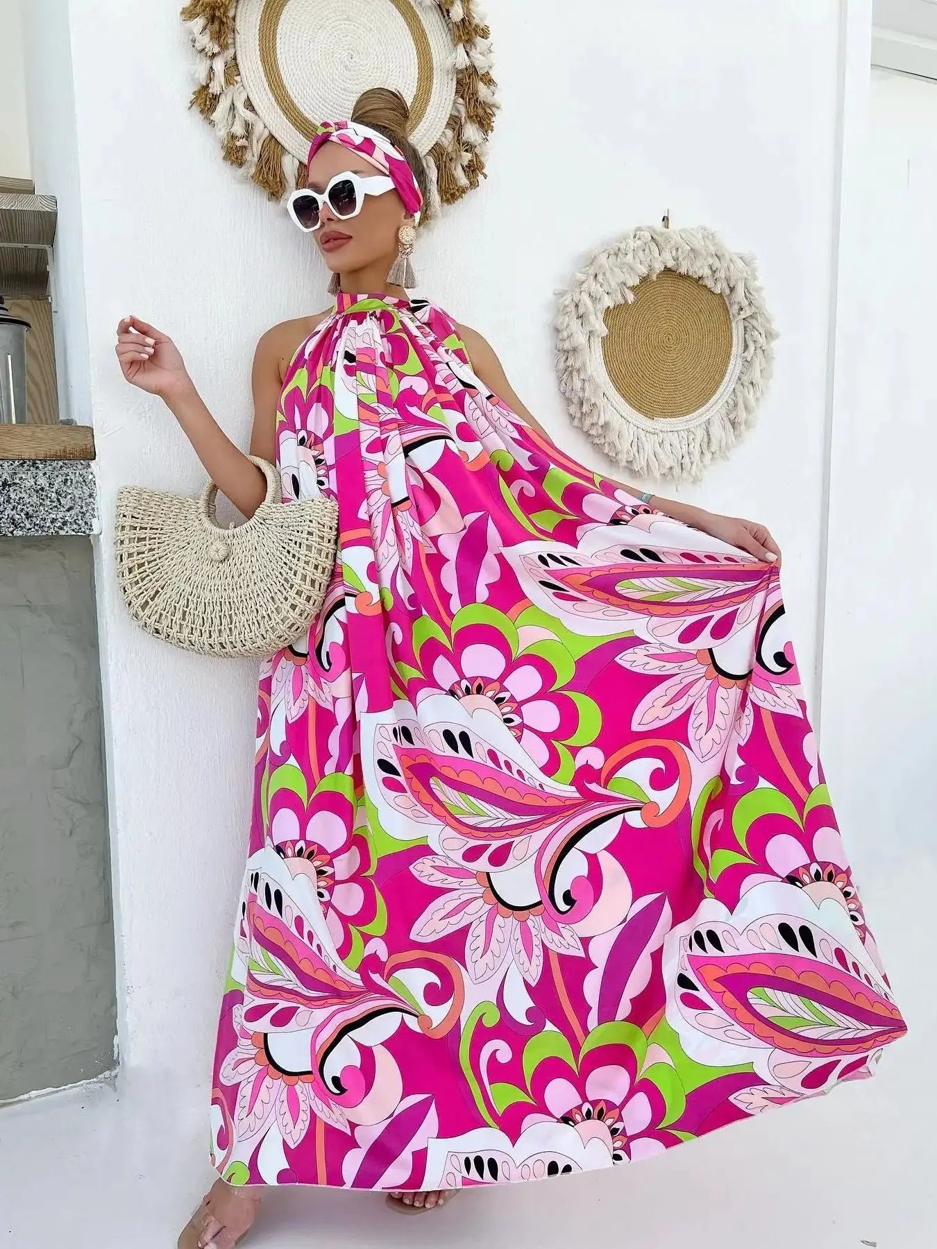 Women's Elegant Floral Printed Long Halter Beach Dress Loose Summer Bikini Cover Up
