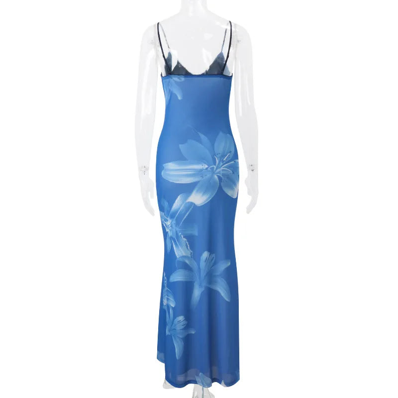 Women's Floral Print Backless Maxi Dress - Summer Slip Bodycon Long Party Dress
