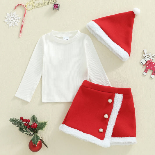 Baby Girls Christmas Outfit Set - Long Sleeve Top, Skirt Shorts & Santa Hat (0-4Y)