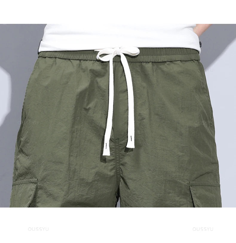 Summer Ultrathin Shorts Pants Men Cargo Work Side Pockets Joggers Grey Bermuda Knee Beach Nylon Short Pant Male Big Size M-5XL