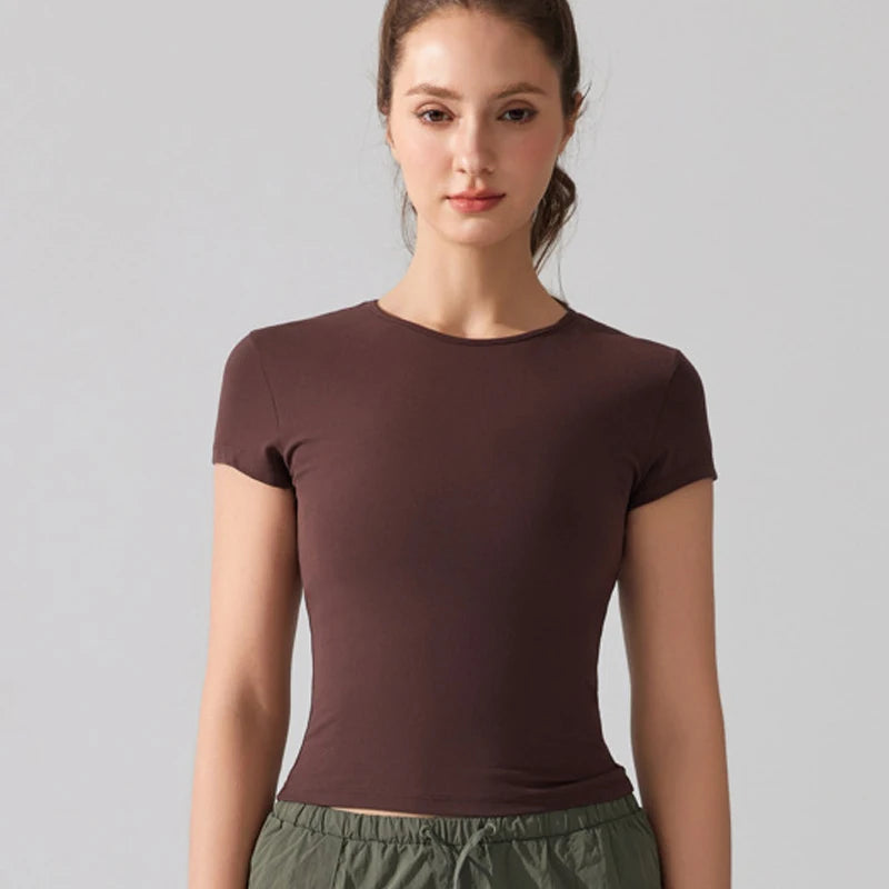Women's Summer Short Sleeve Yoga T-Shirt Solid Color Slim Fit Gym Running Top Round Neckline Breathable Quick Dry Fitness Sportswear